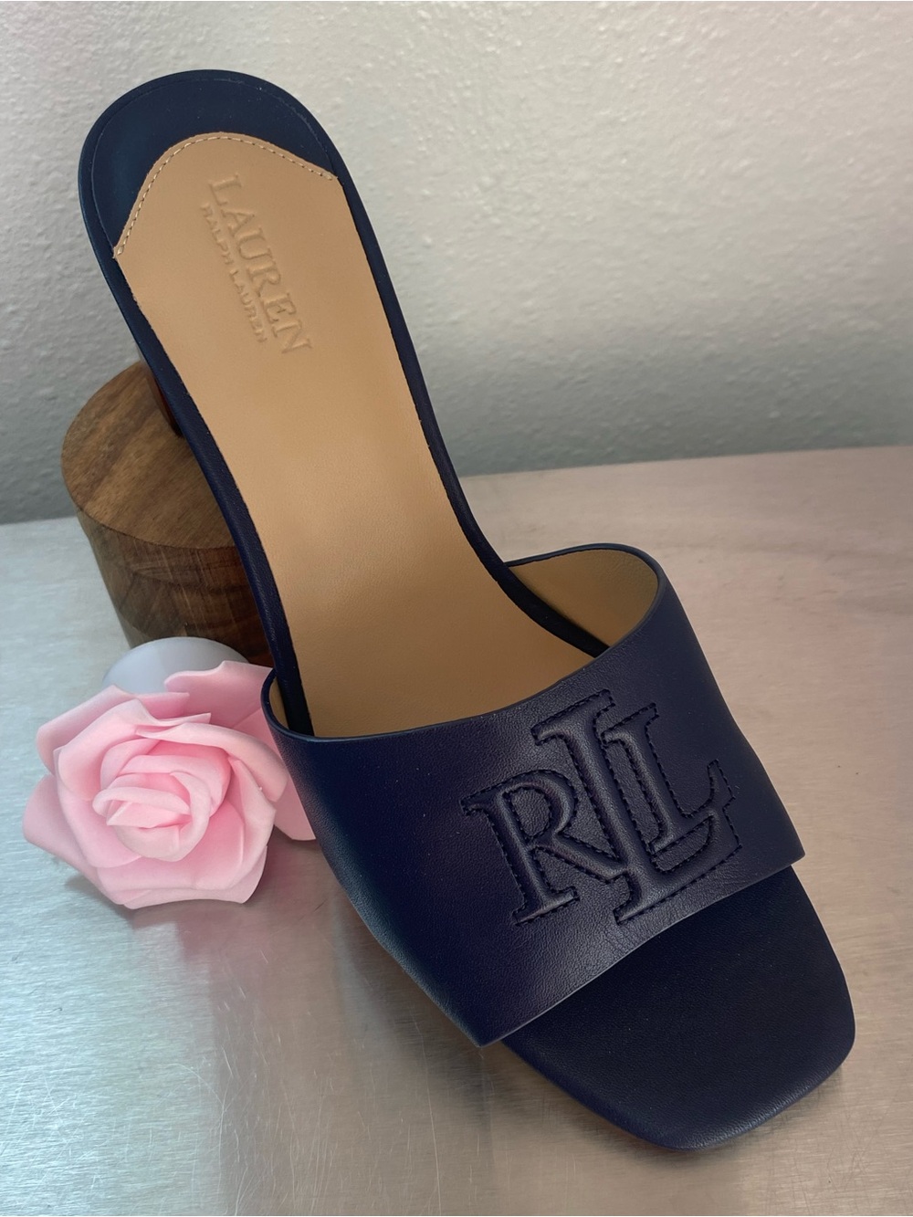 RALPH LAUREN NAVY LEATHER BLOCK HEEL MULES-NEW - Picture 5 of 15